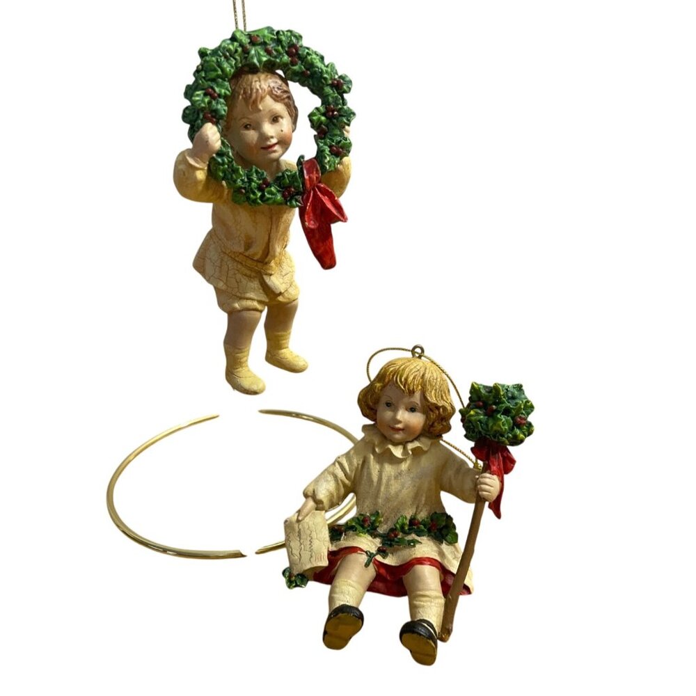 Vtg NTJ Noontidings Christmas Angel Ornaments Set of 2 Sitting Wreath Children